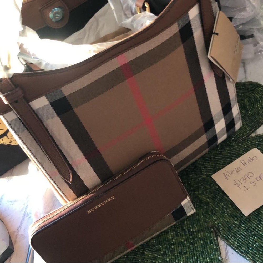 Burberry Tan and Black Checkered Bag and Wallet